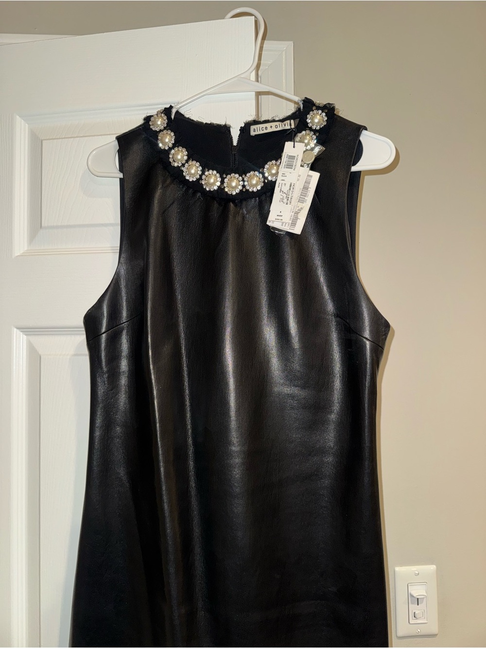Alice + Olivia Black Faux-Leather Mini Dress with Pearl-Embellished Neckline